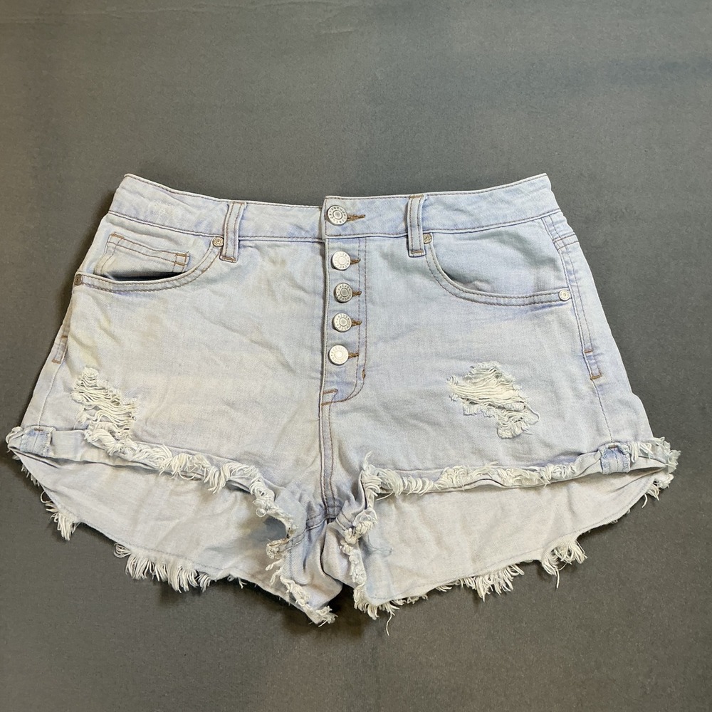 Refuge Womens Jean Shorts Size 8 Light Wash Distressed Button Fly High Rise